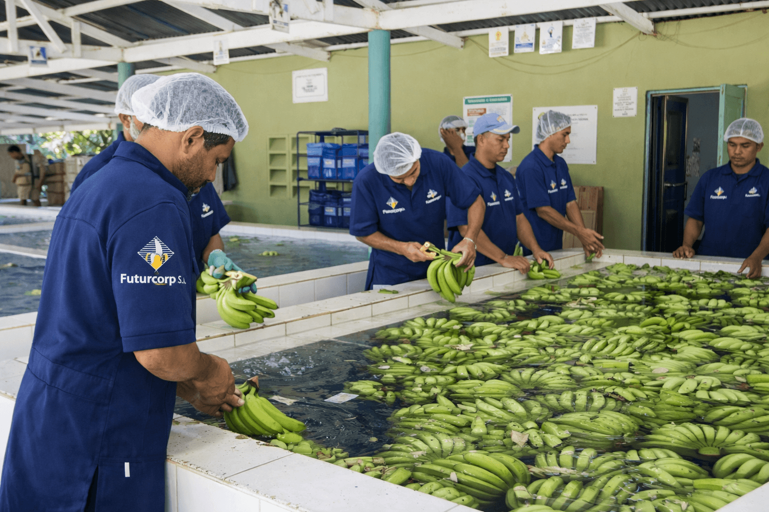 Workers in blue uniforms and hairnets wash green bananas in large water-filled processing tanks.